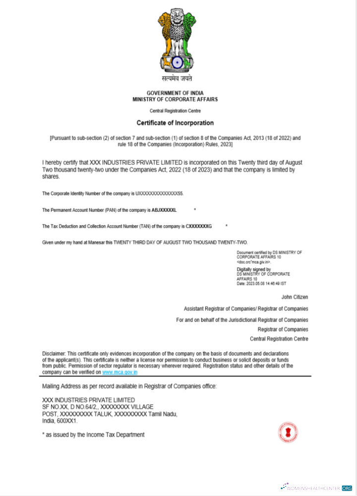 India certificate of incorporation registration Word and PDF template, version 2